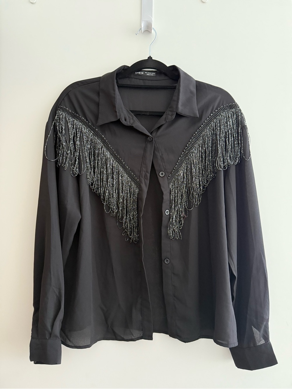 Black Fringe Button-Up Shirt